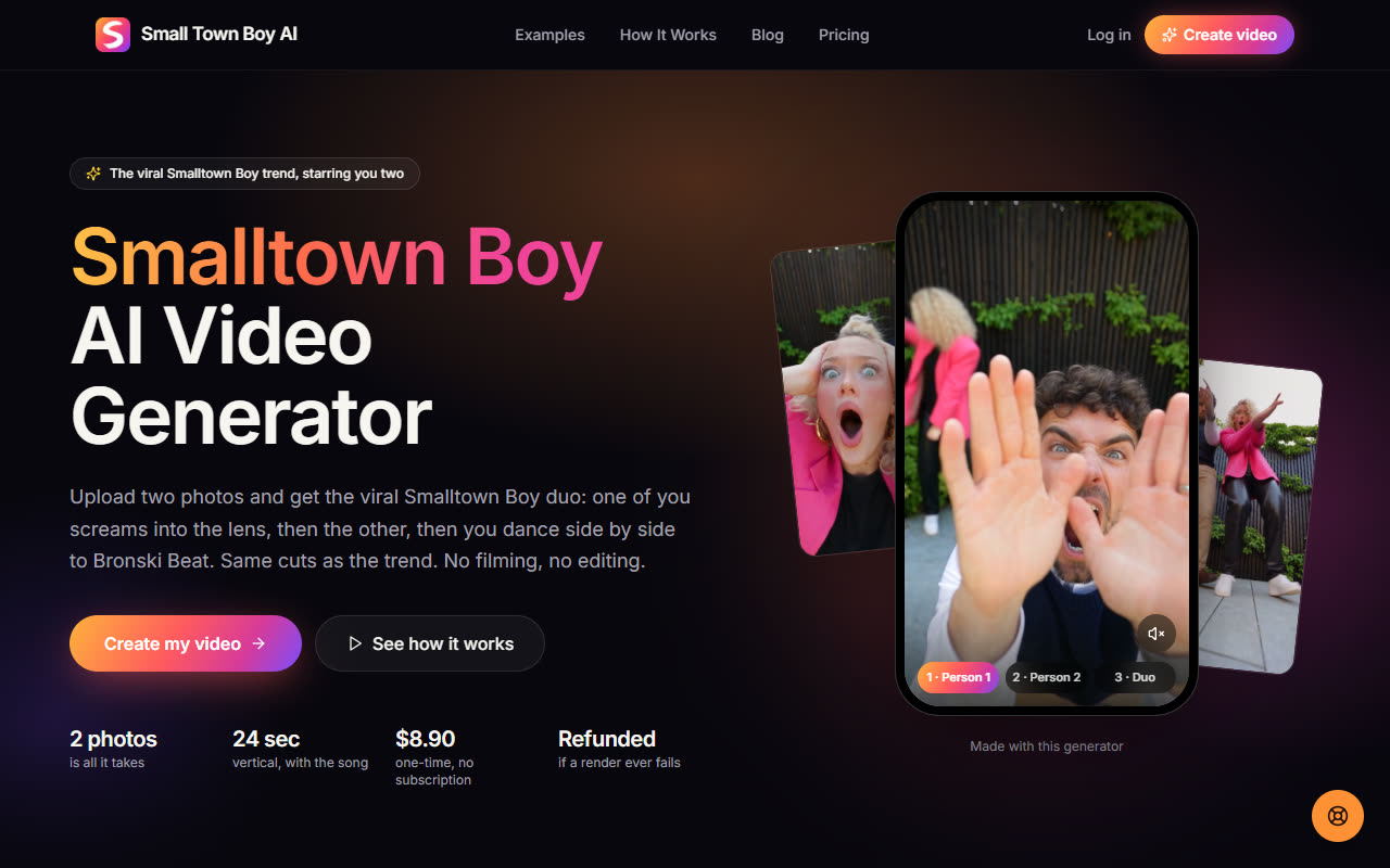 The Small Town Boy AI home page with the demo video