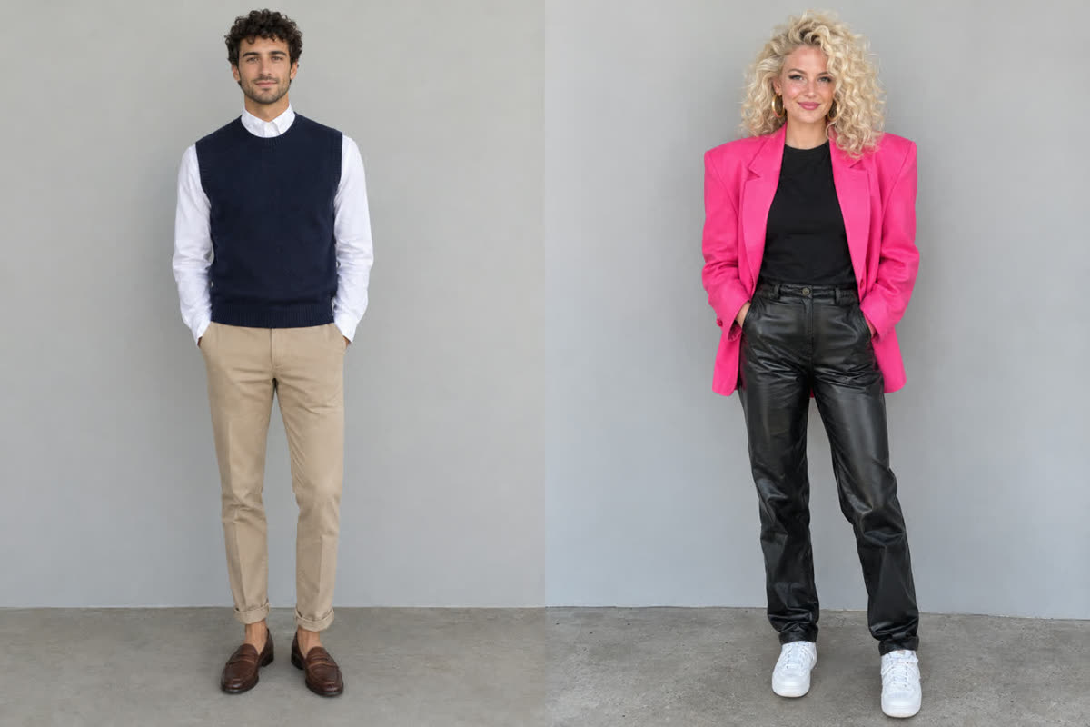 Two full-body photos used for the demo: a man in a navy sweater vest and a woman in a pink blazer