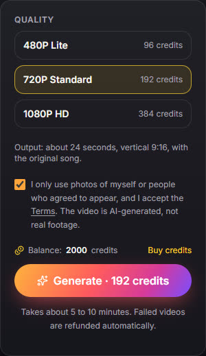 The quality picker: 480P Lite, 720P Standard and 1080P HD with their credit costs