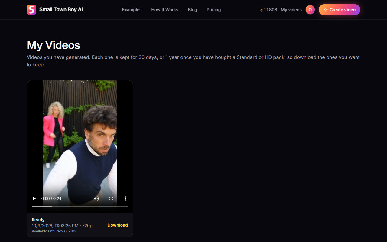 My videos page with the finished Smalltown Boy video and a Download link